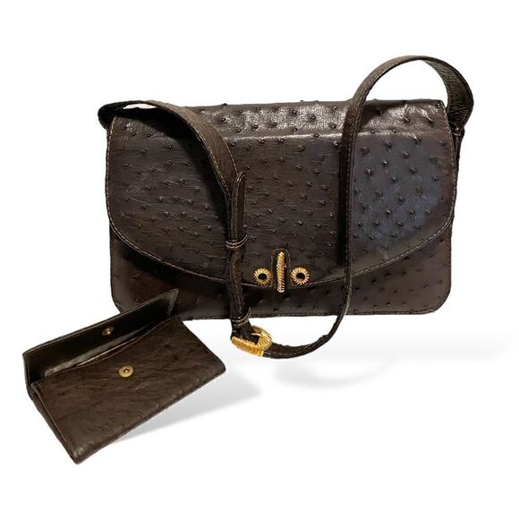 GUCCI Circa 60’s Brown Ostrich leather & Braided Gold Hardware Shoulder Bag - Picture 1 of 15